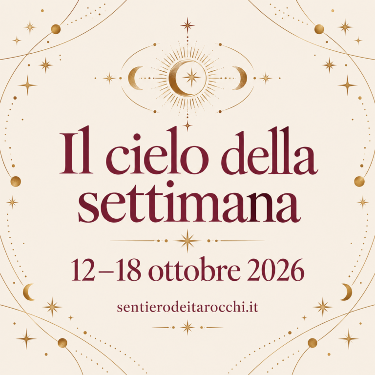 Il cielo della settimana, 12–18 ottobre 2026: titolo bordeaux su fondo avorio con decorazioni celesti dorate e firma sentierodeitarocchi.it.