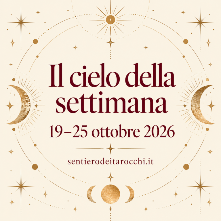 Il cielo della settimana, 19–25 ottobre 2026: titolo bordeaux su fondo avorio con lune, stelle e decorazioni oro tenue.