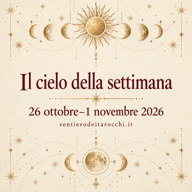 Il cielo della settimana, 26 ottobre–1 novembre 2026: titolo bordeaux su fondo avorio, con lune, sole e stelle oro tenue.